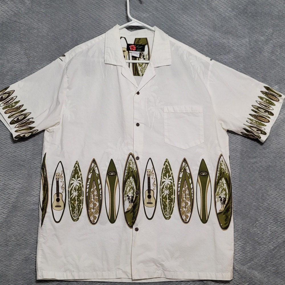 Ali Fashions Hawaii Shirt Mens XL White Green Surfboard Ukulele Palm Beach Aloha